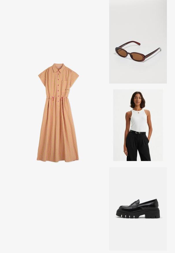 Gul og lyserød ternet kjole med korte ærmer, for-trykningsknapper og rynket talje; har en brystlomme og snoretræk detaljer.; Hvid ribbet tanktop med brede stropper og tætsiddende design, parret med højtaljede sorte bukser og et sort bælte.; Sorte læder loafers med en chunky, tekstureret platformssål og en dekorativ rem over toppen. Glat, blank finish.; Runde, bruntonede solbriller med en glansfuld bordeauxramme. Slanke arme med diskret brandingdetalje. Flad linsedesign.