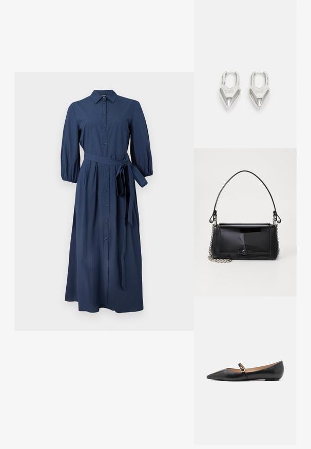 WEEKEND MaxMara KENTIA - Kreklkleita - navy; Melnas ādas baleta kurpes ar norādīto pirkstu un sānu siksniņu, kurai ir apaļš zelta akcents. Vieglas ar plakanu zoli.; Melnas lakotas ādas rokassomi ar taisnstūra formu, ķēdes siksnu un izteiksmīgu metāla aksesuāru centrā. Gluda tekstūra.; Sudraba sirdī formas piekariņi ar iegravētiem "JĀ" un "NĒ" tekstiem, pulēta apdare, simetrisks dizains un izturīgs metāla aizdare.