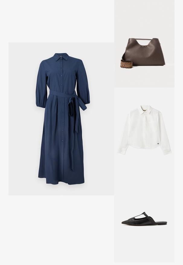 WEEKEND MaxMara KENTIA - Särkkleit - navy; Valge lühikesed varrukad puuvillane särk. Omab nööbiga esist, rinna taskut ning väikest musta logo all vasakul.; Must kuulsad nahast kandadega kingad, millel on terav nina, koos kootud detaili ja volditud ülaosaga. Lame tald minimaalse riistvaraga.; Pruun nahkne käekott tekstureeritud viimistlusega, nurkadega disain ja silmapaistev ülemine sang. Omab mustriga kootud rihma detaili.