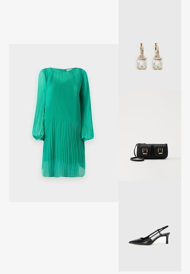 Zöld, redőzött ruha hosszú, ballonujjú és kerek nyakú. Az anyaga könnyű és áttetsző, szellős siluettel.; Fekete lakk slingback sarok, hegyes orral, texturált kígyómintával, állítható pánttal és rövid, texturált tömbsarkal.; Fekete bőr keresztbody táska két elülső zsebbel, arany csattokkal, cipzáras záródással és vékony pánttal. Textúrált felület és kompakt téglalap alak.; Aranyszínű fülbevalók, melyek egy téglalap alakú, tiszta kristállyal díszítették, ami egy sor kis, kerek, tiszta kiegészítő alatt lóg. Letisztult, modern dizájn.