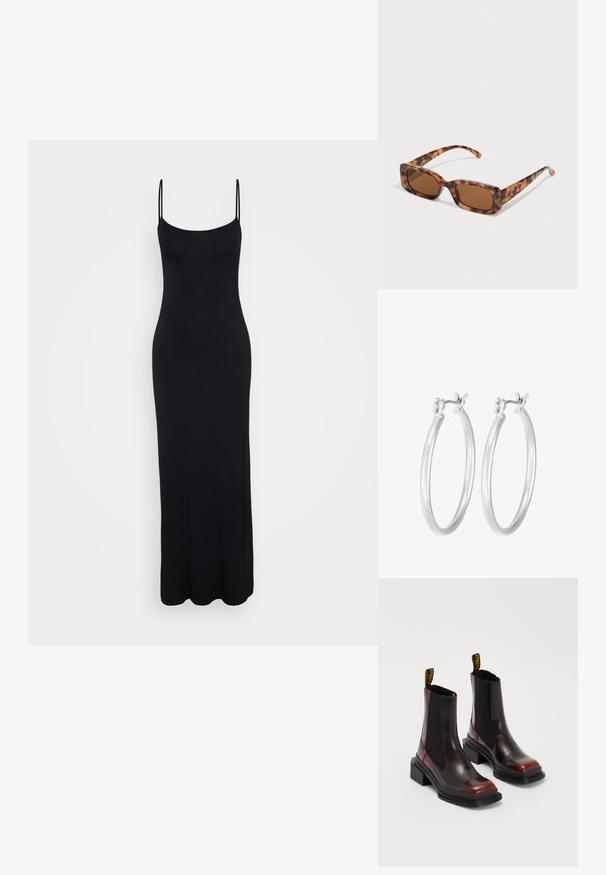 Mustmust mustripu, valmistatud pehmest kangast. Omab sobivat keskosa ja voolavat seelikut, millel on sile ja elastne tekstuur.; Dr. Martens MAYBOLE CHELSEA - Platvormtallaga poolsaapad - black/cherry red; Kilpkonna kestaga prillid, millel on ristkülikukujulised pruuni värvi objektiivid, paks raam ja peened käed, millel on erinevate pruunide toonide muster.; Hõbedased rõngaskõrvarõngad, millel on sile, läikiv viimistlus. Ümmargune kuju ja turvaline klõpsulatus. Kerge disain, sobib igapäevaseks kandmiseks.