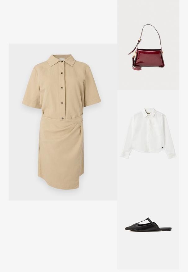 Khaki sukienka z krótkim rękawem, z kołnierzykiem zapinanym na guziki, guzikami z przodu, talią podkreśloną paskiem oraz asymetrycznym dołem. Gładki materiał bawełniany.; Biały, krótki, długi rękaw koszuli wykonanej z bawełny. Posiada zapięcie na guziki z przodu, kieszeń na piersi oraz małe czarne logo w lewym dolnym rogu.; Czarny skórzany but na odkrytej pięcie z pointed toe, ozdobiony plecionym akcentem i plisowanym wzorem górnej części. Płaska podeszwa z minimalnymi elementami.; Burgundowa torba ze skóry lakierowanej o strukturowanym designie, z zamknięciem na zamek błyskawiczny i odpinanym paskiem na ramię. Złote akcenty metalowe.