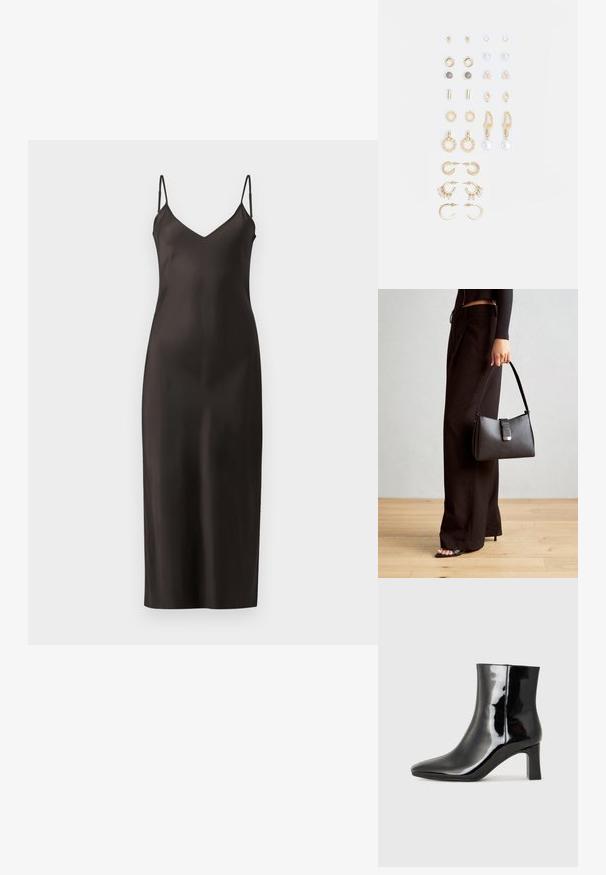 Rochie din satin negru, cu bretele subțiri ajustabile, decolteu în V și o siluetă dreaptă, până la podea. Textură netedă și design minimalist.; Botine negre din piele lacuită, cu vârful ascuțit și toc bloc de înălțime medie. Textură netedă și design minimalist.; Genți negre cu o formă structurată, textură netedă și un închizător metalic. Asortată cu pantaloni negri largi și sandale cu vârf deschis pe un podea din lemn.; Set de cercei aurii, cu diverse designuri, inclusiv cercei tip stud, cercei hoop și cercei lungi cu perle și strassuri.