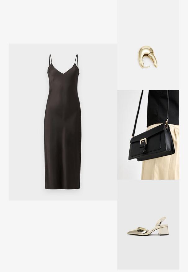 Juodas satino sijonėlis su plonomis reguliuojamomis petnešėlėmis, V formos iškirpte ir tiesia, iki grindų siekiančia siluetu. Lygus paviršius ir minimalizmo dizainas.; Auksiniai, metaliniai slingback aukštakulniai bateliai su smailiu pirštu ir masyviu kulnu. Lygus paviršius, minimalizmo dizainas ir siaura juostelė.; Juoda dirbtinės odos rankinė su auksinės spalvos užsegimu, plokščia forma ir reguliuojama dirželiu, pateikta prieš šviesų foną.; Aukso tono metalinės auskarai su stilingu, kreiviu dizainu. Išsiskiria ryškiu smailiu pavidalu, poliruota paviršiumi ir užsegimu su vyriu.