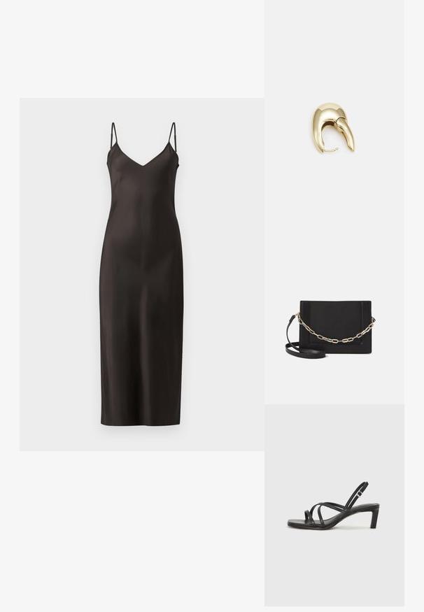 Crna satenastka haljina bez rukava s tankim podesivim trakama, V-izrezom i ravnim krojem koji seže do poda. Glatka tekstura i minimalistički dizajn.; Crne sandale s trakama, kvadratnim prstom i niskom blok petom. Ima više tankih trakica i podesivu trakicu oko gležnja. Izrađene su od glatke kože.; Crna kožna torba preko tijela s glatkom teksturom, pravokutnim oblikom i metalnim lancem na prednjoj strani. Uključena je podesiva naramenica.; Zlatne metalne naušnice s elegantnim, zakrivljenim dizajnom. Imaju karakterističan šiljast oblik, poliranu površinu i zatvaranje na šarku.