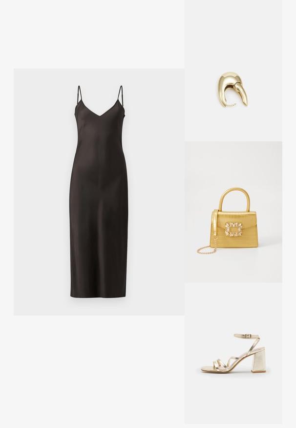 Sort satin slipkjole med tynne justerbare stropper, V-hals og rett, gulvlengde silhuett. Glatt tekstur og minimalistisk design.; Zign LEATHER - Sandaler med høye hæler - gold; Gul faux-krokodille veske med en strukturert design, toppen håndtak, avtagbar kjede stropp, og dekorativ krystallbortsettelse på låsen.; Gullfarget metalløredobber med et elegant, buet design. Har en karakteristisk spiss form, polert overflate og hengsel-lukking.