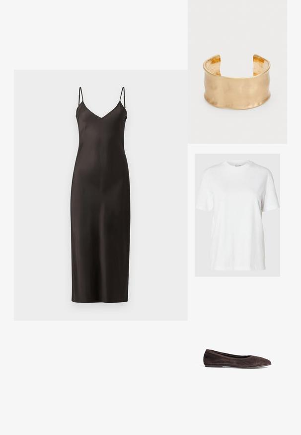 Czarna satynowa sukienka na ramiączkach z cienkimi regulowanymi paskami, dekoltem w kształcie litery V i prostą, długością do podłogi. Gładka faktura i minimalistyczny design.; Biała koszulka z bawełny, z krótkimi rękawami i okrągłym dekoltem. Charakteryzuje się luźnym krojem oraz minimalistycznym stylem, bez wzorów i dodatków.; Brązowe zamszowe baleriny z wąskim czubkiem i niskim profilem. Charakteryzują się gładką fakturą i minimalistycznym wzornictwem. Brak widocznych elementów metalowych lub dekoracji.; Torebka z plecionej słomy w kolorze beżowym, z czarnymi skórzanymi uchwytami i srebrnym wykończeniem. Pojemna, zaokrąglona forma z teksturowaną powierzchnią.; Złocona bransoletka na nadgarstek o gładkiej, falistej powierzchni, z teksturowanym wnętrzem i otwartym wzornictwem, tworzy organiczny kształt.