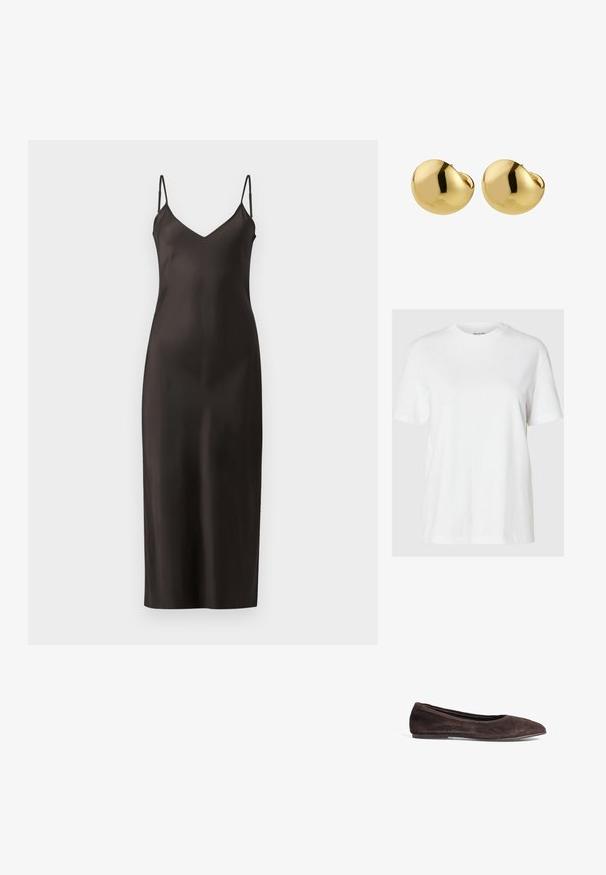 Must musta slip-kleit õhukeste reguleeritavate rihmadega, V-dekoltee ja sirge põrandani ulatuva siluettiga. Sile tekstuur ja minimalistlik disain.; Valge puuvillane T-särk lühikeste varrukatega ja ümaral lõikel. Omab vabamat lõiget ja minimaalset disaini ilma mustrite või aktsentideta.; Pruun suede ballett-kingad terava ninaga ja madala profiiliga. Omab siledat tekstuuri ja minimalismi disaini. Ei sisalda nähtavat riistvara ega aktsente.; Beige värviline kootud õlbag, millel on mustad nahk-käepidemed ja hõbedane riistvara. Ruumikas, kõver kuju ja tekstuuriline pind.; Pilgrim JACE - Kõrvarõngad - gold-coloured