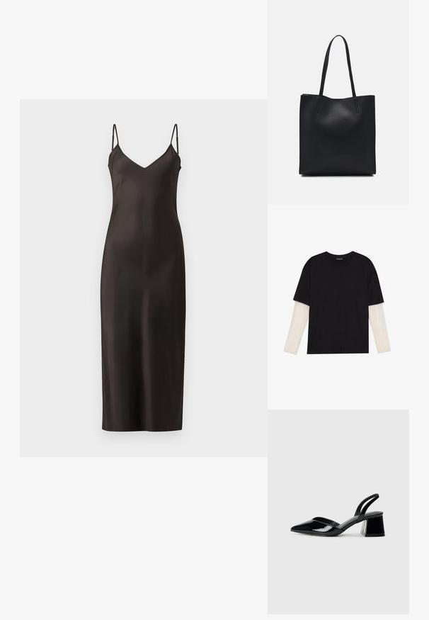 Vestido de cetim preto com alças finas ajustáveis, decote em V e um silhueta reta até ao chão. Textura suave e design minimalista.; T-shirt preta de algodão, com mangas curtas sobre uma camada de mangas longas branca com um padrão texturizado subtil. Design de decote redondo.; Sandy em verniz preto com salto slingback, ponta afilada e salto geométrico. Apresenta um design elegante e minimalista com textura suave.; Bolsa tote preta em couro com textura lisa, forma retangular e duas alças longas. Sem hardware ou enfeites visíveis.