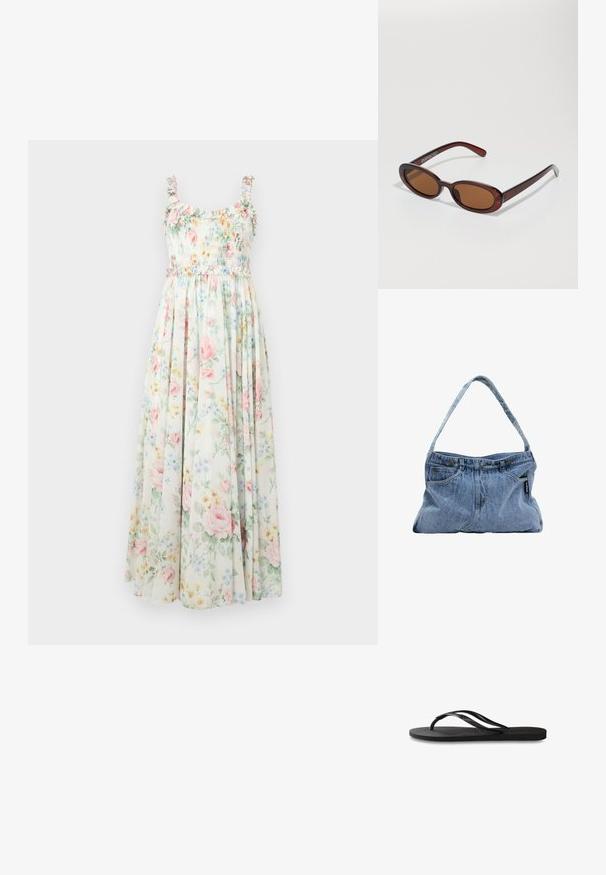 Kwiatowa sukienka maxi z marszczonym gorsetem, falbaniastymi ramiączkami i pastelowymi wzorami różowych i niebieskich kwiatów na jasnym tle.; Czarne klapki z teksturowaną gumową podeszwą, dwiema smukłymi paskami oraz subtelnym, wytłoczonym logo na pasku.; Okrągłe, brązowe okulary przeciwsłoneczne z błyszczącą bordową oprawą. Cienkie ramiona z subtelnym detalem marki. Płaski kształt soczewek.; Denimowa torba na ramię z zakrzywionym paskiem, dwoma przednimi kieszeniami i zapięciem na guziki, wykonana z jasnoniebieskiego materiału z kontrastującymi detalami szycia.