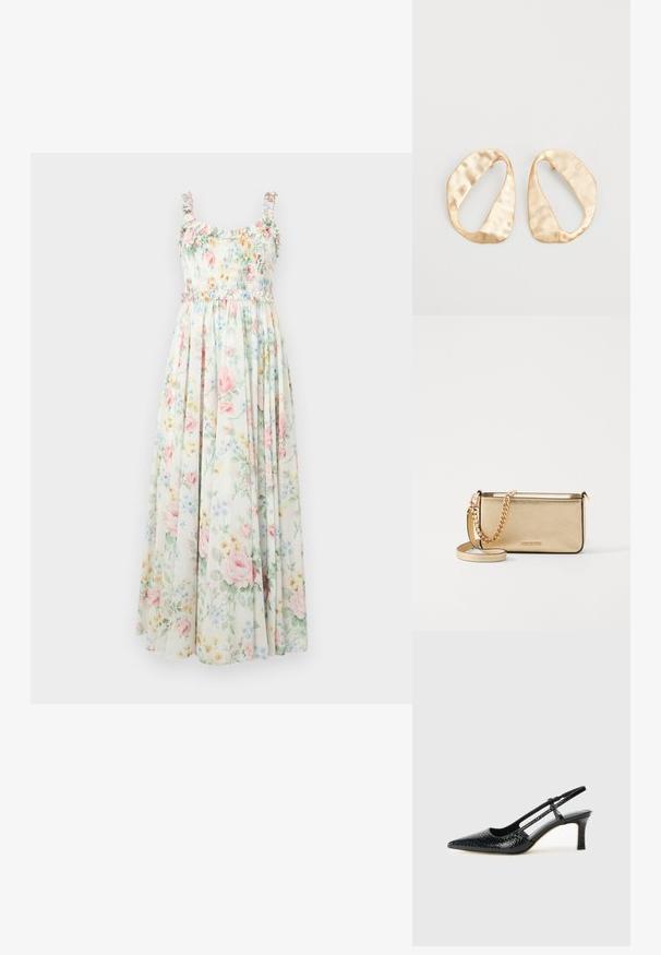 Lillelillelilleline maxi kleit kokku lõhiseva bodice'iga, frilliga õlavarre rihmad ja pastellroosade ning siniste lillemuster heledal taustal.; Mustmust paelad, millel on terav varvas, tekstuuriga maduprindiga, reguleeritav rihm ja lühike tekstuuriga plokknina.; Metalliseeritud kullast nahkklamber, millel on tekstiilfiniš, kuldne ketstrap ja eemaldatav õlavarre rihm. Brändi logo on sisse pressitud.; Eba paar eba ebaorditud ovaalkujulisi kuldehhe kaal setertu, kerge keersuju pinnaga valgel taustal.
