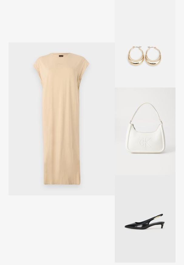 Bežinė, iki kelių ilgio suknelė, pagaminta iš minkštos medvilnės. Turi apvalią iškirptę ir trumpas rankoves. Paprastas, nepuošnus dizainas be raštų.; Juodas odinis pavasario batelių modelis su smailiu nosiu, turintis siaurą kulniuką ir auksinės spalvos akcentu reguliuojamoje juostoje. Lygi tekstūra.; Balta odinė rankinė su išlenkta forma, su reljefiniu "CK" logotipu priekyje ir viena petneša. Užtrauktuko uždarymas viršuje.; Auksinės tonacijos auskarai su mėnulio forma, lygus paviršius ir sklendės uždarymas. Lygus tekstūra ir atspindintis finis padidina matomumą.