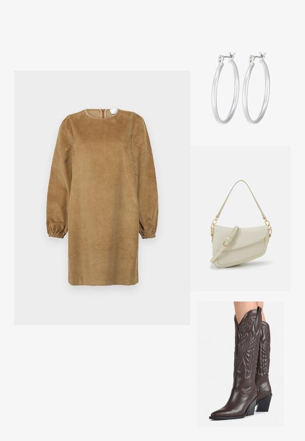 Vestido de micropana en marrón claro, con escote redondo, mangas largas abullonadas con puños elásticos y cierre de cremallera en la parte posterior.; Botas de vaquero de cuero marrón con punta afilada y tacón cuadrado, que presentan costuras detalladas y acentos elevados en el caño.; Pequeño bolso de mano crema con un acabado texturizado, una correa larga y ajustable, un acento de cadena y cierre de solapa. Detalles en hardware dorado.; Pendientes de aro de plata con un acabado liso y pulido. Forma redonda y cierre de click seguro. Diseño ligero adecuado para el uso diario.