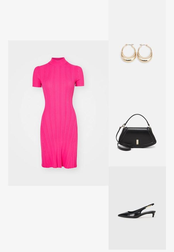 Abito aderente a maniche corte in tessuto rigato di un vivace rosa, con scollatura alta e gonna svasata, caratterizzato da una texture verticale su tutta la superficie.; Tacchi slingback in pelle nera con punta affusolata, caratterizzati da un tacco alto e un accento dorato sulla cinghia regolabile. Texture liscia.; Borsa a mano in pelle nera con un design strutturato, caratterizzata da una forma corta, manico superiore e accessori in metallo dorato. Inclusa tracolla regolabile.; Orecchini a cerchio tonalità oro con forma a mezzaluna, superficie lucidata e chiusura a cerniera. La texture liscia e la finitura riflettente migliorano la visibilità.