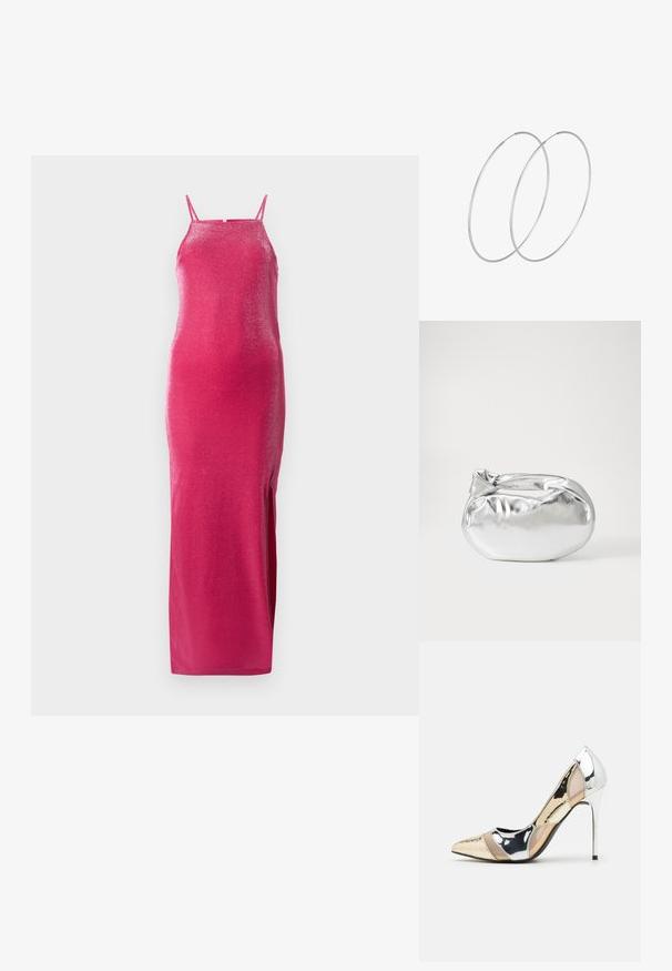 Tvarovaná dlhá šaty z lesklého ružového materiálu s tenkými ramienkami a bočným rozparkom. Textúra odráža svetlo, čím vytvára trblietavý efekt.; Lodičky s špičatou špičkou v striebornom, zlatom a telovom farebnom prevedení. Lesklý povrch s výrezovým dizajnom, s ihlovým opätkom.; Strieborná metalická taška s mäkkým, zaobleným tvarom a uzáverom s uzlíkom. Vyrobená z hladkej syntetickej kože.; Strieborné kruhové náušnice s minimalistickým dizajnom. Cirkulárny tvar, hladký povrch a tenký profil. Ľahké s lesklým povrchom.