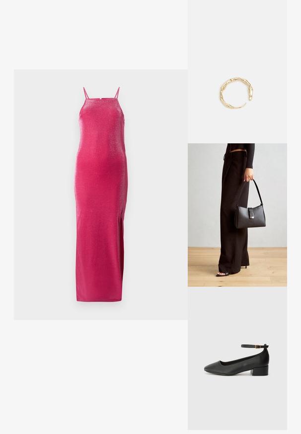 Pieguļošs garais kleita no spīdīgas rozā auduma ar vāciņām uz pleciem un sānu šķēlumu. Tekstūra atspoguļo gaismu, piešķirot mirdzošu efektu.; Melnas ādas sūkņi ar smailu purngalu un zemu bloku papēdi. Iezīmēts ar potītes siksniņu ar zelta krāsas sprādzi. Gluda tekstūra.; Melnā somiņa ar strukturētu formu, gludu tekstūru un metālu sprādzi. Saskaņota ar platām melnām biksēm un sandālēm ar atvērtu purngalu uz koka grīdas.; Zelta toņa gredzens ar organisku, vērptu dizainu, gludu virsmu un sašaurinātiem galiem, radot mūsdienīgu, skulpturālu izskatu.