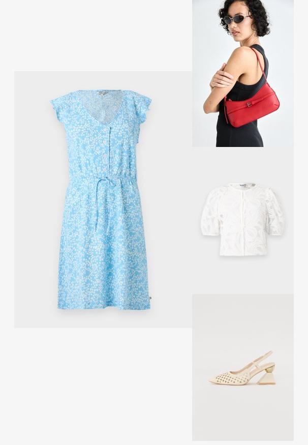 Ljusblå klänning med korta volangärmar, v-ringning, knappstängning, elastisk midja med ett bälte och ett vitt blommönster över hela.; Vit spetstopp med rund halsringning, puffärmar och blommönster. Har knäppning fram och genomskinligt tyg.; Beige slingback-sko med perforerat ovansidan, spetsig tå, och en kontrasterande triangulär klack med en guldaccent. Slät textur överlag.; Röd läderaxelväska med en slät yta, böjd design och en dekorativ spänneaccent. Justerbar rem och dragkedjestängning.