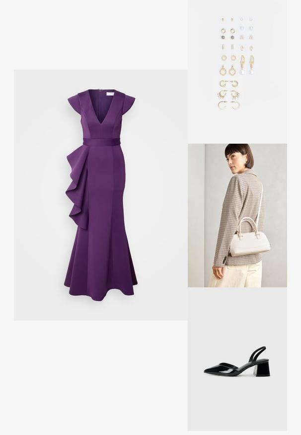 Ibolya színű estélyi ruha mély V-nyakkivágással, rövid vállpántokkal és fodros oldalsó díszítéssel. Simogató, testhangsúlyos anyagból készült, amely a szegélyen bővül.; Fekete lakk bőr szandálkés magas sarkú cipő, hegyes orral és geometrikus tömbsarkakkal. Karcsú, minimalista dizájn és sima textúra jellemzi.; Fehér, strukturált kézitáska rövid füllel és vállpánttal, arany színű fém kiegészítőkkel és texturált anyagból, szürke háttér előtt bemutatva.; Arany tónusú fülbevalók szettje, amely különféle mintákat tartalmaz, beleértve a stift fülbevalókat, karikákat és gyöngyökkel és strasszokkal díszített hosszú fülbevalókat.