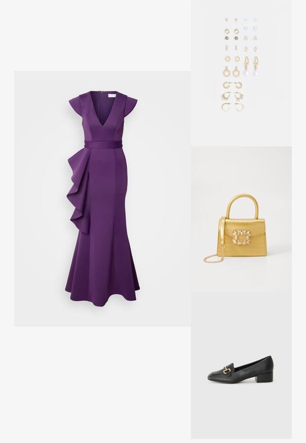 Lilla õhtukleit, millel on sügav V-kaelus, lühikesed õlavarrekeed ja rippuv küljeaktsent. Valmistatud siledast, sobivast kangast, mis laieneb alumises servas.; Mustad nahast loafers madala kontsaga, millel on esiküljel dekoratiivne kuldne detalj ja sile tekstuur.; Kollane faux-krokodilli käsipindaga kott, millel on struktureeritud disain, ülemine käepide, eemaldatav kettmass ja dekoratiivne kristallkaunistus klambril.; Kullastusust kõrvarõngaste komplekt, mis sisaldab erinevaid disaine, sealhulgas nööpe, rõngaid ja riputatavaid tükke, millel on pärlid ja rhinestones.