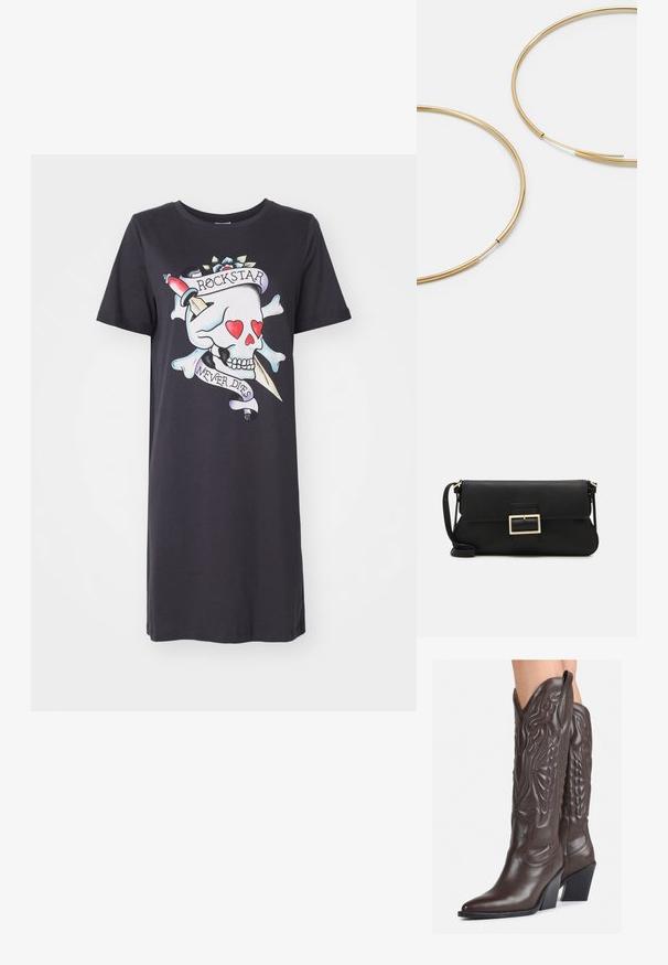 Juodas marškinėlių suknelė su spalvinga kaukolės grafika, širdelėmis, kryžminėmis kaulų ir užrašu "ROCKSTAR NEVER DIES." Trumpomis rankovėmis, laisvas kirpimas.; Rudos odinės kaubojaus batai su smailiu priekiu ir blokuotu kulnu, pasižymintys detaliu siuvinėjimu ir iškiliais akcentais ant ašies.; Juodas odinis dėkliukas su atvarteliu ir auksinės metalinės sagties detalėmis. Įeina juodas diržas ir elegantiškas, minimalistinis dizainas.; Aukso spalvos žiedo auskarai, ploni ir apvalūs, su lygiu metaliniu paviršiumi be papuošimų ar raštų.