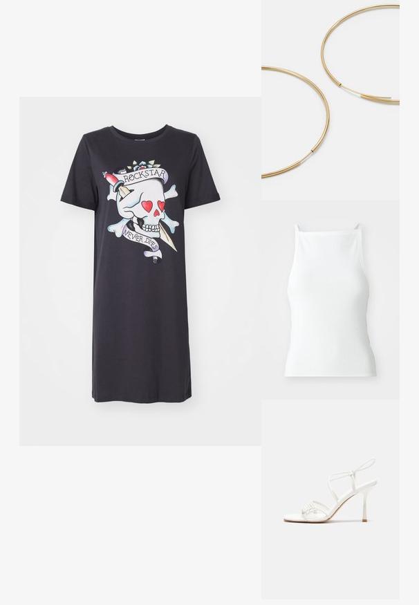 Juodas marškinėlių suknelė su spalvinga kaukolės grafika, širdelėmis, kryžminėmis kaulų ir užrašu "ROCKSTAR NEVER DIES." Trumpomis rankovėmis, laisvas kirpimas.; Balta rašyta marškinė su plonomis petnešomis, turinti prigludusį dizainą ir lygų paviršių. Audinys atrodo elastingas ir lengvai struktūruotas.; Baltas dirželis su aukštu kulnu sandalai su plokščiu pirštu, tekstūruota priekinė dalis su susiraukšlėjimais ir plonas kulkšnies dirželis.; Aukso spalvos žiedo auskarai, ploni ir apvalūs, su lygiu metaliniu paviršiumi be papuošimų ar raštų.