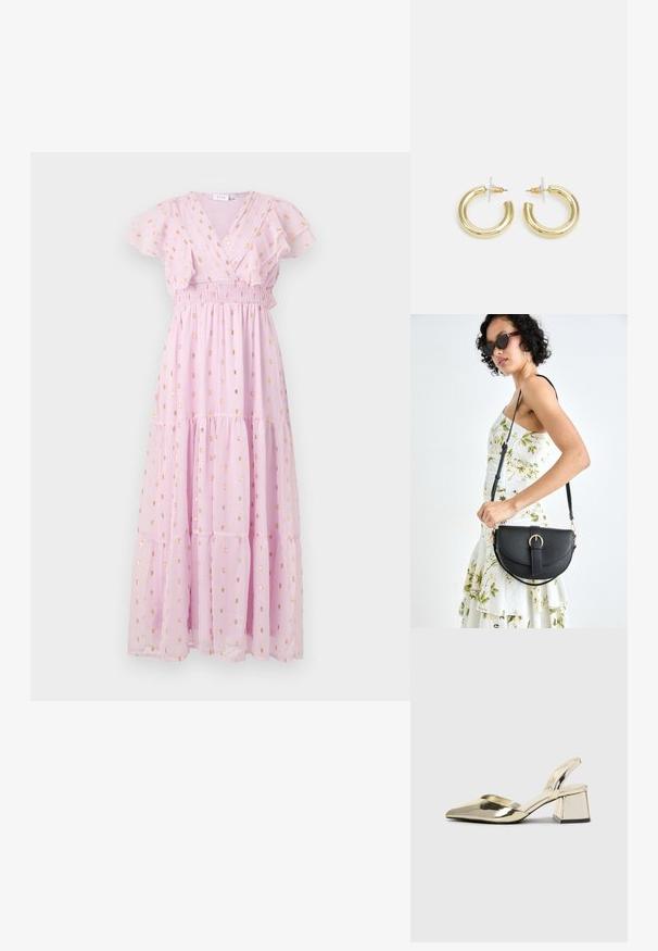 Rózsaszín maxi ruházat, könnyű anyagból készült, arany pöttyökkel díszítve, v-kivágással, fodros ujjakkal és megkötött derékkal.; Arany, fémből készült slingback sarkú cipők hegyes orral és vastag sarokkal. Simaság, minimalista design és keskeny pánt jellemzi.; Fekete bőrtáska ívelt formával, levehető pánttal és arany színű fémrészekkel. A táskán egy csattal díszített fedél található.; Arany fülbevalók sima, fényes felülettel. Kör alakú dizájn, amely kis kapoccsal és átlátszó tartozékkal rendelkezik a biztonságos viselés érdekében.