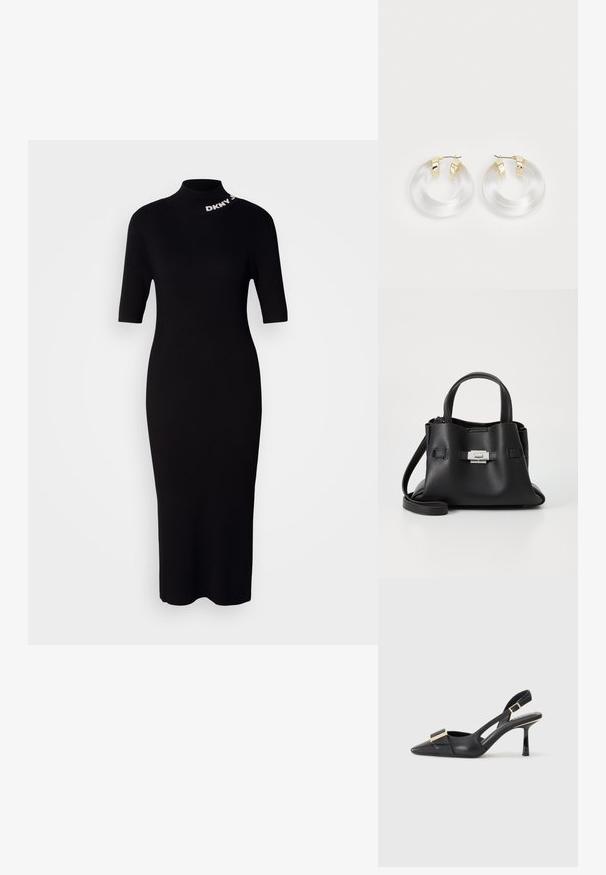 Juoda elastinga trikotažinė suknelė su trumpomis rankovėmis, aukštu kaklu ir DKNY logotipo detalėmis ties kaklu. Prigludusi forma, vidutinio ilgio siluetas.; Juodas odinis batelis su atviru kulnu, smailiu pirštu, liekna kulniuku ir auksinės spalvos detalėmis ant batus. Lygus paviršius ir struktūrizuotas dizainas.; Juodas odinis rankinės su tekstūruota apdaila, turintis dvi viršutinės rankenos, nuimamą peties diržą ir sidabrinį užsegimą.; Skirtingai skaidrūs akrilo auskarai su auksinės spalvos metaliniais akcentais ir poliruotu finišu. Yra sklandus, apvalus dizainas.