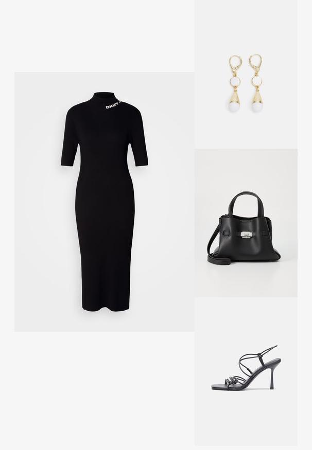Svart ribbad stickad klänning med korta ärmar, hög krage och DKNY-logotypdetalj vid halsringningen. Bodycon-passform, midilång silhuett.; Svarta högklackade sandaler har tunna remmar med en knuten design, en slät fyrkantig tå och en smal stilettklack.; Svart läderhandväska med en texturerad yta, utrustad med två ovandelar, en avtagbar axelrem och en detalj med silverlås.; Guldtonade hängeörhängen med en cirkulär vit sten och en tårformad vit pärla med en avsmalnande guldaccent.