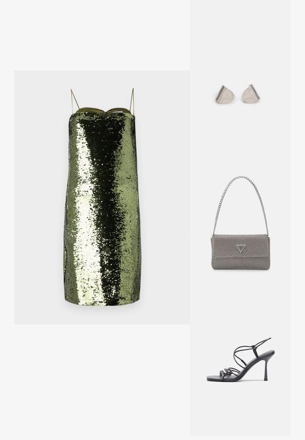 Zelena obleka s sequini, naravnega kroja, z tankimi nastavljivimi naramnicami, ki ima odsevno teksturo in ozko silhueto.; Črne visoke sandale na peto imajo tanke naramnice z vozlom, gladek kvadratni toe in eleganten stiletto peto.; Svetlo siva kovinska torbica z verižnim ročajem, okrašena z majhnimi okroglimi kovinskimi bleščicami in trikotnim logotipom blagovne znamke.; Srebrne uhane z gladko, kapljično obliko in poliranim finishem. Nežna graviranja dodajajo detajle. Minimalističen dizajn.
