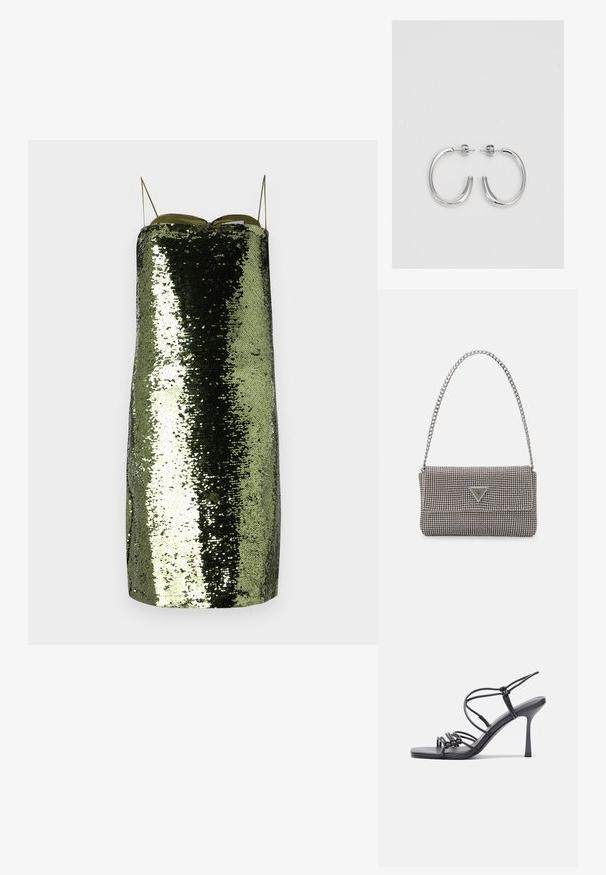 Roheline sädelev kleit sirge lõikega, õhukeste reguleeritavate rihmadega, millel on peegeldav tekstuur ja sihvakas siluett.; Mustad musta värvi kontsandaalid on varustatud peente rihmadega, millel on sõlmekujundus, siledad ruudukujulised varbad ja stiilne stilettokonts.; Helehall metallik handbags, millel on kett, kaunistatud väikeste ümmarguste metallist õmblustega ja kolmnurkse brändi logoga.; Hõbedased rõngaskõrvarõngad, millel on sile ja läikiv pind. Ümar kuju, kerge disain, millel on post-tagumise kinnituse süsteem.