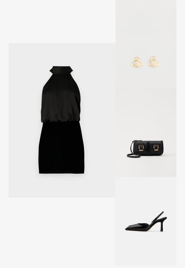 MAX&Co. DONARE - Kokteilinė suknelė / vakarėlių suknelė - schwarz; Juodas odinis slingback kulnas su smailiu nosiu, minimalizmo stilius, plonas kulkšnies dirželis ir elegantiškas stiletto kulnas. Lygus paviršius.; Juodas odinis per petį nešiojamas krepšys su dviem priekiniais kišenėmis, auksiniais sagtimis, užtrauktuko uždarymu ir siauromis petnešomis. Textūruota paviršius ir kompaktiškas stačiakampis formatas.; Aukso tono auskarai su užsegimu, vaizduojantys Saturno dizainą su tekstūruota juosta ir įmontuotais apvaliais kristalais, suteikiančiais papildomą blizgesį.