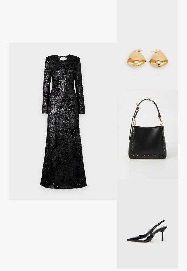 Lang sort palietkjole med lange ærmer, en rund halsudskæring og en åbning i ryggen, der har en tætsiddende silhuet og flydende længde.; Sorte patentlæder spidse tå slingback stiletto hæl sko med en tynd rem og guld spænde på en hvid baggrund.; Sort læderhandtaske med en struktureret form, der har guldnitter langs kanterne og et aftageligt bånd med guldhardware-detaljer.; Guldtonede metaløreringe med en glat, rund trekantet form og post-back design; reflekterende overflade med minimal detaljer.