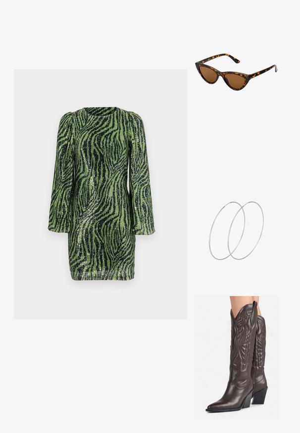 Žalia ir juoda blizgučių suknelė su zebra dryželių raštu, ilgom puff rankovėm ir apvaliu iškirpimu. Trumpa, prisitaikanti siluetas.; Rudos odinės kaubojaus batai su smailiu priekiu ir blokuotu kulnu, pasižymintys detaliu siuvinėjimu ir iškiliais akcentais ant ašies.; Katės akies saulės akiniai su juodu ir oranžiniu šarvuotu rėmeliu, ruda objektyvu ir elegantiškais, smailiais galiukais. Rėmelyje yra minimalus logotipas ant šventės.; Sidabrinės pusmėnulio auskarai minimalistiniu dizainu. Apskritimo forma, lygus paviršius ir plonas profilis. Lengvi su poliruotu apdailu.