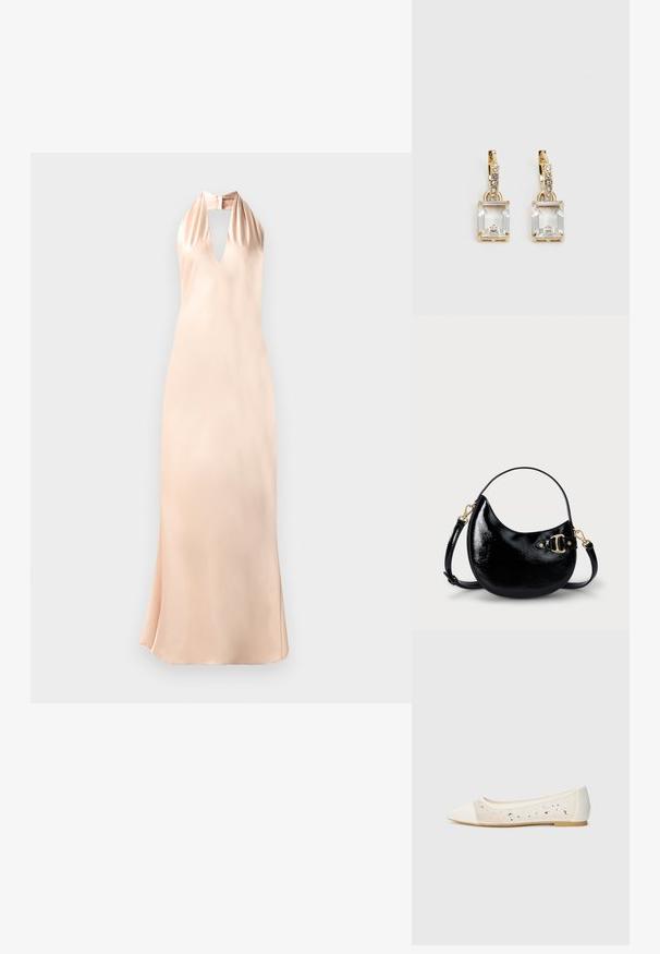 Halterska haljina od svijetlosmeđeg satena, s dubokim V-izrezom i prilagođenim siluetom, s raširenim rubom na dnu.; Balerina s izduženim vrhom od krem kože s prozirnim gornjim dijelom i raspršenim rhinestones. Mekana potplat za udobnost, minimalistički dizajn.; Crna torbica od lakirane kože s zakrivljenim oblikom, podesivim remenom i detaljem od zlatnog metala sa strane. Glatka, sjajna tekstura.; Zlatne naušnice s pravokutnim, prozirnim kristalom koji visi ispod niza malih, okruglih prozirnih akcenata. Elegantni, moderni dizajn.