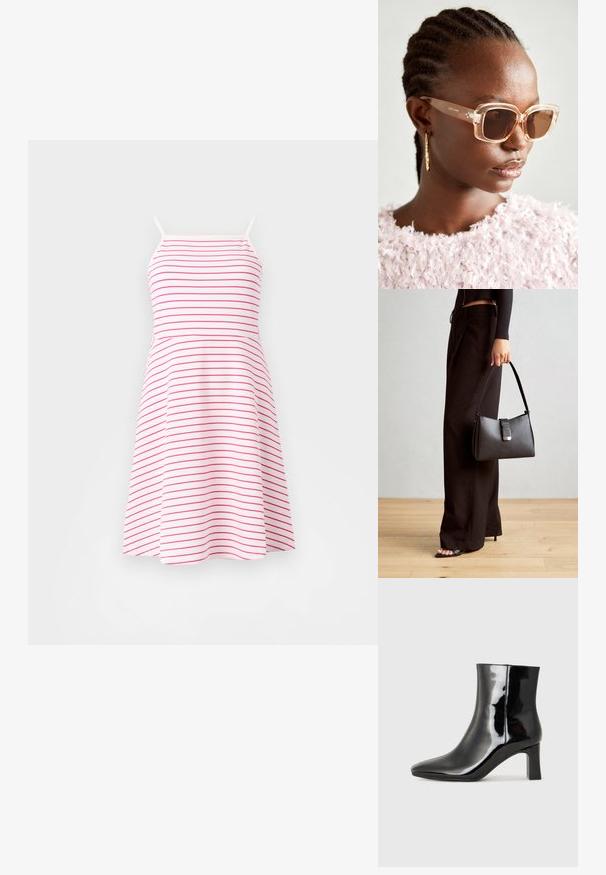 Haljina s naramenicama u bijeloj boji s ružičastim horizontalnim prugama, pripijeni korpus, raširena suknja, izrađena od mekanog materijala. Podesive tanke naramenice.; Crne lakirane kožne gležnjače s šiljastim prstom i srednje visokom blok petom. Glatka tekstura i minimalistički dizajn.; Bež velike sunčane naočale s prozirnim okvirom i smeškim obojenim staklima, koje sadrže suptilne cvjetne akcenti i hrabri, geometrijski dizajn.; Crna torba s oblikom koji sadrži strukturu, glađu teksturu i metalnu kopču. Uparena s širokim crnim hlačama i sandalama na otvorenom s drvenog poda.