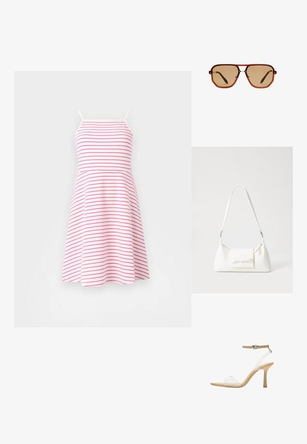 Trägerkleid in Weiß mit rosa horizontalen Streifen, tailliertes Oberteil, ausgestellt Rock, aus weichem Material. Verstellbare dünne Träger.; Durchsichtige Sandale mit transparentem Obermaterial, beigem Fußbett und einem schlanken Knöchelriemen. Sie hat eine spitz zulaufende Zehenpartie und einen dünnen, hohen Absatz.; Braune achteckige Sonnenbrille mit einem transparenten, bernsteinfarbenen Rahmen und braun getönten Gläsern. Verfügt über eine Metallverzierung am Steg und schlanke Bügel.; Weiße synthetische Handtasche in dreieckiger Form, flache Vorderklappe und Schleifendetail, verstellbarer Trageriemen, glatte Textur und minimalistisches Design.