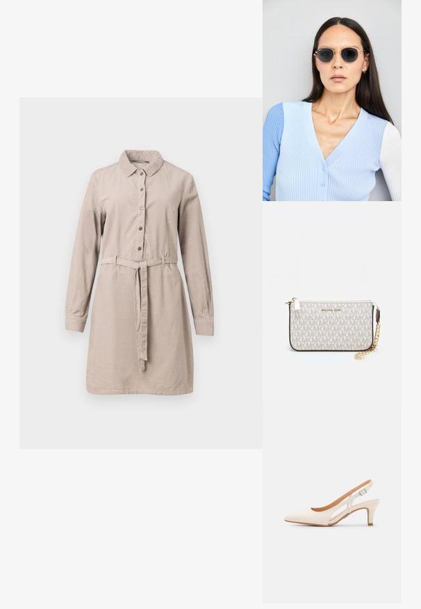 Vestido de camisa bege, de mangas longas, feito de tecido suave, com abertura frontal com botões, um cinto na cintura e gola.; Sandal com salto branco, ponta afilada, material superior liso, salto bloco baixo e design com recortes laterais, com tira ajustável.; Óculos de sol redondos com lentes escuras e armação dourada. O modelo usa um cardigan canelado azul claro com botões e mangas brancas em contraste.; Pochete Michael Kors em tela revestida bege com padrão repetido do logotipo MK, ferragens douradas e uma alça de corrente destacável.