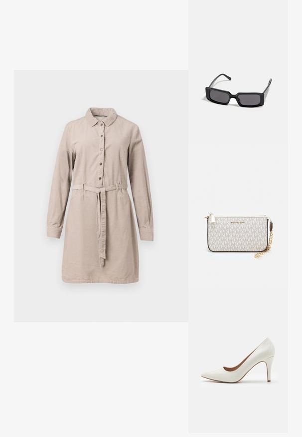 Šviesiai ruda, ilgomis rankovėmis marškinių suknelė iš minkštos medžiagos, su mygtukų uzdarymu priekyje, dirželiu juosmens srityje ir apykakle.; Baltos lakuotos odinės aukštakulnės bateliai su smailiu nosiu ir lygiu paviršiumi, turintys liesą kulną ir žemą iškirpimą aplink atidarymą.; Juodos saulės akiniai su stačiakampiu rėmu, tamsiais objektyvais ir lygiu blizgiu paviršiumi. Pasižymi plonais šonais su subtiliu prekių ženklo ženklu šone.; Michael Kors rankinė smėlio spalvos dengto kanvoje su pakartotiniu MK logotipo raštu, auksinėmis detalėmis ir nuimamu grandininiu dirželiu.; Auksiniai metaliniai auskarai su banginiu dizainu; glotni, atspindinti paviršių; asimetriška forma; nematomi raštai ar aparatai.