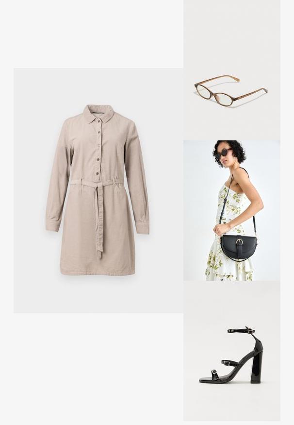 Beige, langermet skjortekjole laget av myk stoff, med knapper foran, belte i midjen og krage.; Svart høyglans sandaler med hæl, firkantet tå, ankelremmer og sølvspenner. Har en kraftig blokkhæl for stabilitet.; Brune skjellbriller med ovale linser, tynne stenger og gjennomsiktige detaljer. Har en subtil logo på stangen. Elegant, lett design.; Svart lærveske med en buet form, avtagbar stropp og gullbeslag. Vesken har et klaff med spenne-detall.