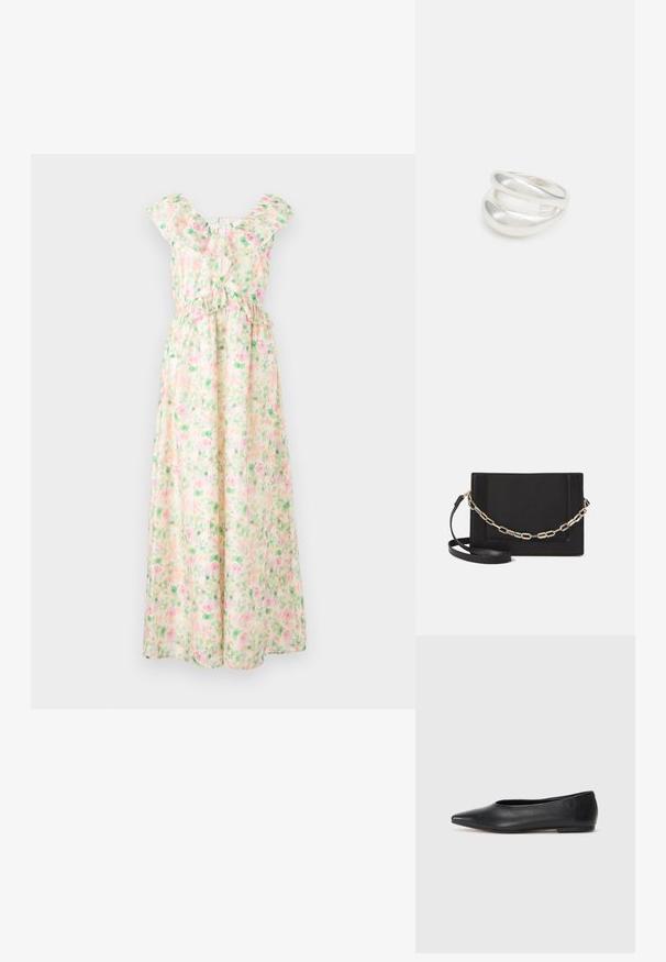 Maxi šaty z ľahkej látky s kvetinovým vzorom v ružovej a zelenej farbe, volánovým dekoltom, krátkymi rukávmi a elastickým pásom.; Čierne kožené baletky, špicatý špička, minimalistický dizajn, hladká textúra, nízky podpätok, bez viditeľných prvkov alebo ozdôb.; Čierna kožená crossbody taška s hladkou textúrou, obdĺžnikovým tvarom a kovovým reťazovým detailom na prednej strane. Súčasťou je nastaviteľný popruh.; Strieborný prsteň s dvojitým pásikom s hladkým, lesklým povrchom. Má plynulý, zakrivený dizajn s prekryvajúcimi sa časťami pre moderný vzhľad.
