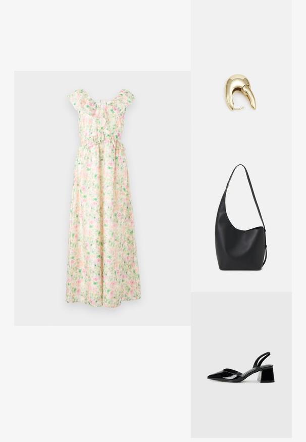 Maxi kleita no viegla auduma ar ziedu rakstu rozā un zaļā krāsā, ar volānu apkakli, īsām piedurknēm un elastīgu jostasvietu.; Melna lakota āda ar atvērto papēdi, ar smailu purngalu un ģeometrisku blokpapēdi. Iezīmējas elegants, minimāls dizains un gluda tekstūra.; Melnas ādas hobo soma ar gludu tekstūru, izliekta forma un vienu regulējamu jostu; augšā ir plaša atvere.; Zeltīti metāla auskari ar gludu, izliekta dizaina. Ar atšķirīgu smailu formu, pulētu virsmu un eņģu aizdari.