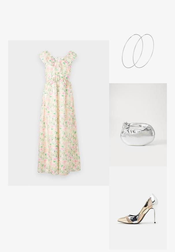 Maxi suknelė iš lengvo audinio su rožinėmis ir žaliomis gėlėmis, banguotu kaklu, trumpomis rankovėmis ir elastingu juosmeniu.; Aštrus pirštas aukštakulnis batelis su sidabro, aukso ir nuogų spalvų deriniu. Blizgus paviršius su išpjovos dizainu, su stiletto kulnu.; Sidabrinė metalinė maišelio forma su švelnia, apvalia forma ir mazgu užveriamu viršumi. Pagaminta iš lygios dirbtinės odos medžiagos.; Sidabrinės pusmėnulio auskarai minimalistiniu dizainu. Apskritimo forma, lygus paviršius ir plonas profilis. Lengvi su poliruotu apdailu.