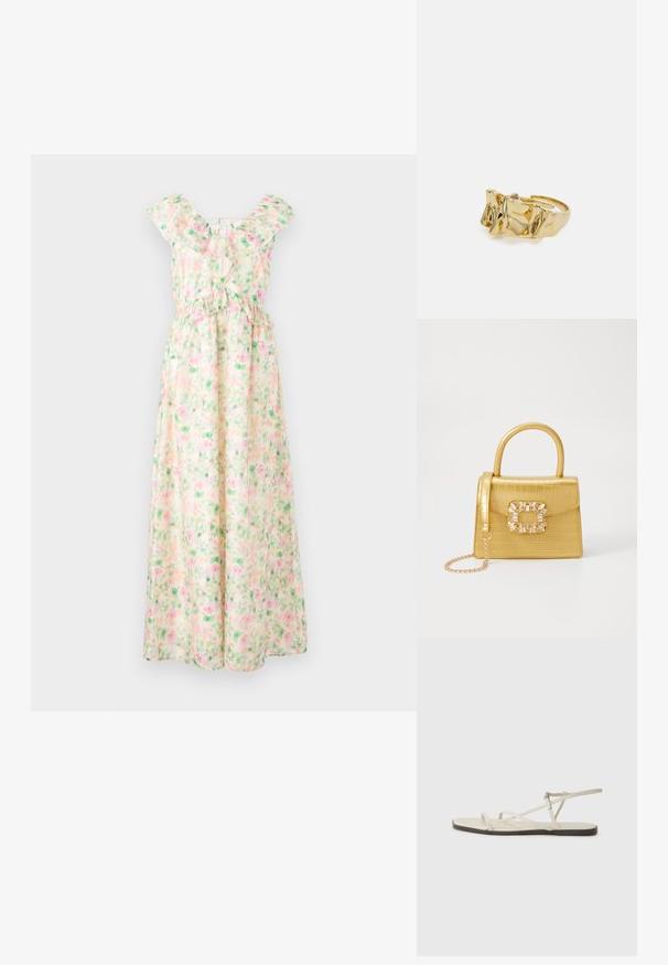 Maksi haljina od lagane tkanine s cvjetnim uzorkom u ružičastoj i zelenoj boji, s volanima oko vrata, kratkim rukavima i elastičnim strukom.; Bež sandala na ravnom potplatu s više tankih trakica i podesivom kopčom. Potplat je ravan s blagim tamnim kontrastom na rubu.; Žuta torbica od umjetnog krokodila sa strukturiranim dizajnom, gornjom ručkom, odvojivim lančićem i dekorativnim kristalnim ukrasom na kopči.; Zlatni prsten s teksturiranim, valovitim dizajnom koji ima tri istaknuta vrha. Glatka, sjajna površina s otvorenom trakom za podešavanje veličine.