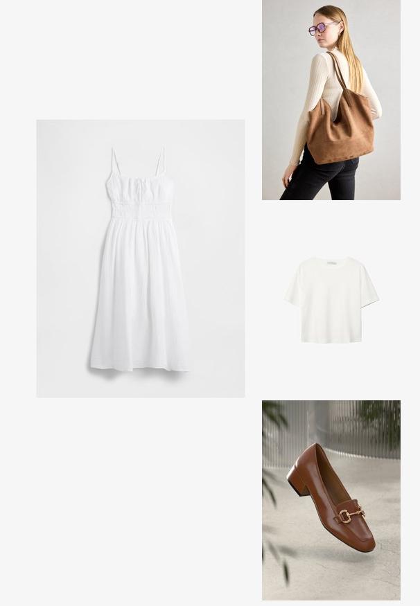 Robe midi blanche avec des fines bretelles, taille froncée, buste froncé et jupe ample texturée.; T-shirt blanc à manches courtes en coton. Doté d'un col ras du cou et d'une coupe décontractée. Texture lisse sans motifs ni accents visibles.; Mocassin en cuir verni marron avec un bout carré, accent de chaîne métallique et petit talon carré ; texture lisse, design minimaliste.; Sac fourre-tout en daim marron avec une texture douce, grande ouverture et longues sangles. Présente un design simple avec des coutures visibles et sans matériel.