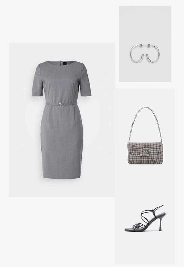 BOSS DALEAH - Shift-haljina - silver; Crne sandale na visokoj potpetici imaju tanke trake s čvorastim dizajnom, glatki kvadratni vrh i elegantnu stiletto petu.; Svijetlosivi metalik ruksač s lancem, ukrašen malim okruglim metalnim zakovicama i trokutastim logotipom marke.; Srebro naušnice u obliku prstena s glatkom, sjajnom završnom obradom. Zaobljenog oblika, laganog dizajna, s kopčom na poleđini.