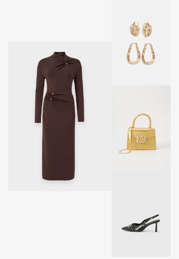 Brown long-sleeve dress featuring a high neckline, twist detail at the waist with two gold buttons, and a fitted, ankle-length design.; Black patent leather slingback shoe with pointed toe, ankle straps featuring silver buckles and hardware, and a slender heel.; Yellow faux-crocodile handbag with a structured design, top handle, detachable chain strap, and decorative crystal embellishment on the clasp.; Gold-tone earrings featuring textured, wavy shapes. Includes sculptural clip-on studs and open hoop design with a hammered finish.