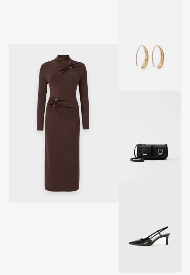 Brown long-sleeve dress featuring a high neckline, twist detail at the waist with two gold buttons, and a fitted, ankle-length design.; Black patent slingback heel with a pointed toe, featuring textured snake print, adjustable strap, and a short, textured block heel.; Black leather crossbody bag with two front pockets, gold buckles, zipper closure, and a slim strap. Textured surface and compact rectangular shape.; Gold-tone metal hoop earrings with a curved, elongated shape. Features a smooth, shiny surface and a rounded tip for added detail.