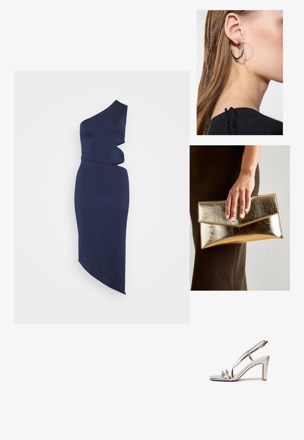 Sötétkék, egyvállas ruha, csavart dizájnnal a deréknál. Simább anyag, aszimmetrikus szegéllyel, testhezálló sziluett és elegáns megjelenés.; Fémes ezüst színű magassarkú szandál nyitott orral, három vékony pánttal a lábfejen és egy csatfüles bokapánttal.; Arany fémes clutch táska sima textúrával, háromszög alakú csattal. A kéz, amely tartja, szépen manikűrözött körmökkel rendelkezik.; Ez egy ezüst fülbevaló, sima felülettel, amelyen apró arany díszítőelemek találhatók. Kerek formájú és a fülcimpán viselik.