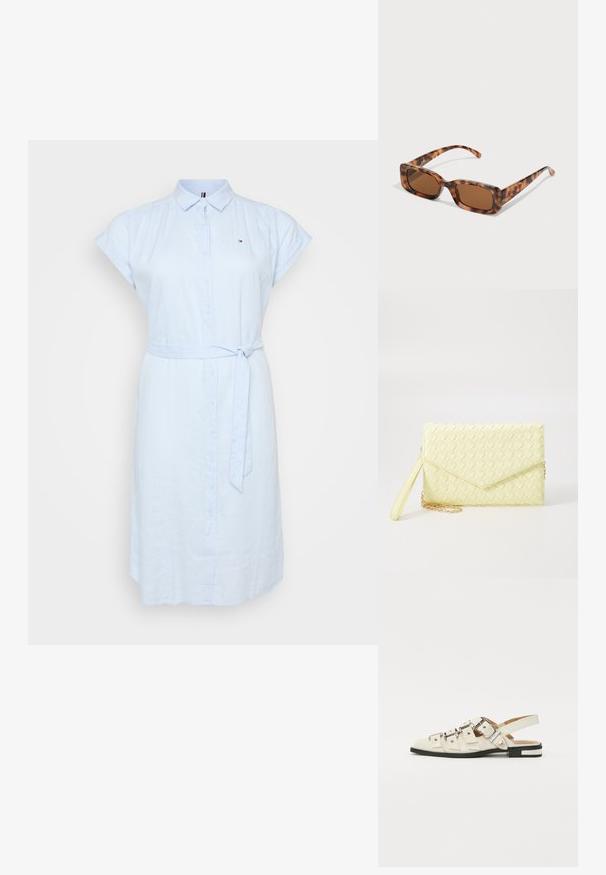 Gaiši zila krekla kleita, kas izgatavota no elpojoša auduma. Iespējas īsas ruļļveida piedurknes, sasienams jostas siksna un smalka logo detaļa.; Baleta sandalītes baltā ādā ar vairākiem platām siksnām un sudraba sprādzēm; plakana zole ar mazu melnu papēdi un metalizētām akcentiem.; Tortoiseshell saulesbrilles ar taisnstūrveida brūniem stikliem, biezs rāmis un plānas kājas ar dažādu brūnu toņu rakstu.; Dzeltena austs kabata ar atloku dizainu, noņemamu plaukstas siksnu un zeltītu ķēdes akcentu. Gluda tekstūra un taisnstūra forma.; Zelta auskari ar gludu, spīdīgu apdari. Apaļš dizains, kas ietver mazu tapu un caurspīdīgu pamatni drošai valkāšanai.