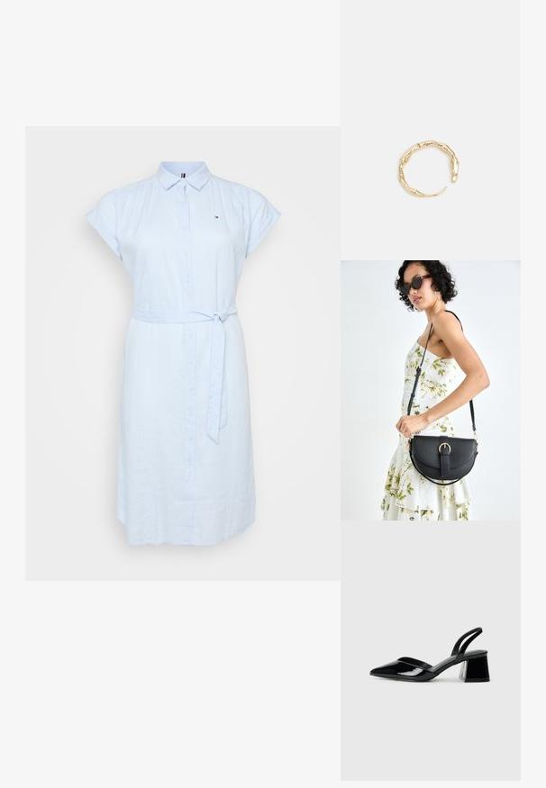 Šviesiai mėlyna mygtukinė suknelė, pagaminta iš kvėpuojančios medžiagos. Savybės: trumpi, apsukti rankovės, juosmens diržas, užrišamas, ir subtilus logotipo detalė.; Juodos lakuotos odinės šlepetės su smailiu pirštu ir geometriniu bloko kulnu. Turi elegantišką, minimalistinį dizainą ir lygų paviršių.; Juodas odinis krepšys su išlenkta forma, nuimamu dirželiu ir auksiniais detalėmis. Krepšys turi kilpą su sagtimi.; Auksinės spalvos žiedas, turintis organišką, sukimosi dizainą su lygiu paviršiumi ir siaurėjančiais galais, sukuriantis modernią skulptūrinę išvaizdą.